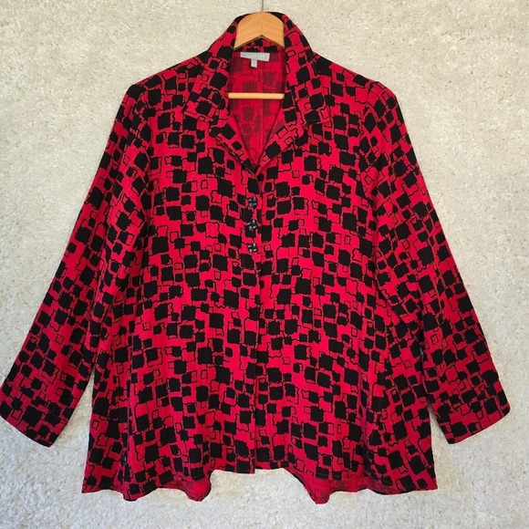Habitat Clothes To Live In Shirt Womens Medium Red Black‎ Button Up Artsy - Picture 1 of 12